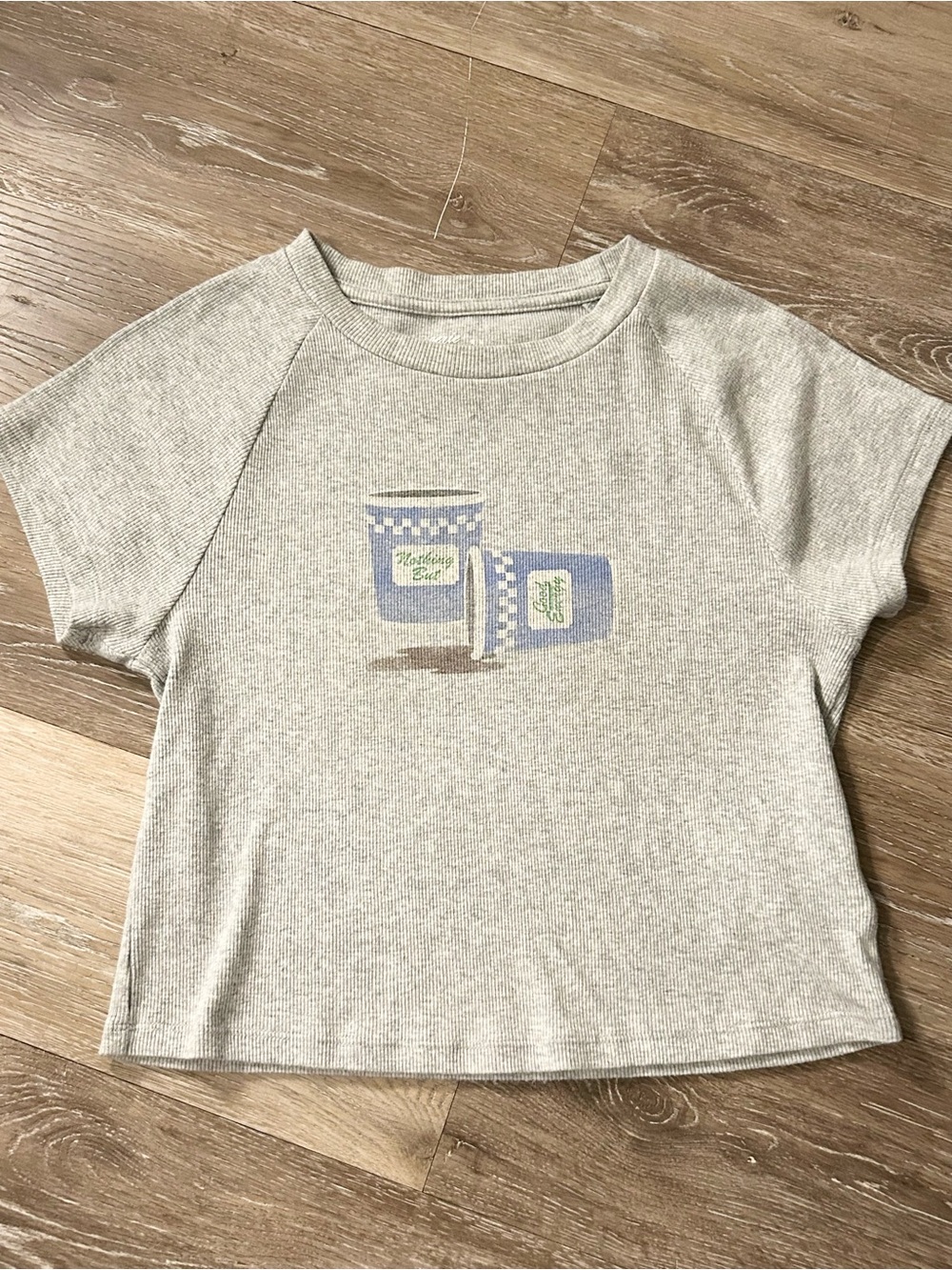 Aerie Ribbed Baby Tee Nothing But Good Energy Short Sleeve Cream Graphic Tee